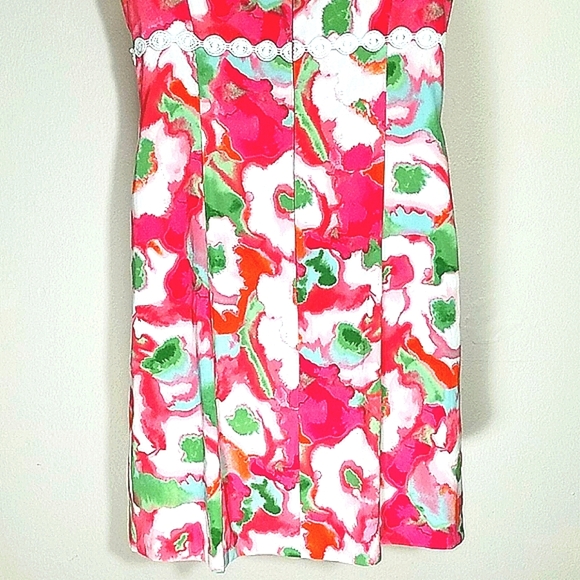 Sundress Lined Floral Print stretch midi lace trim Pink White Zipper Sheath EUC - Picture 7 of 9
